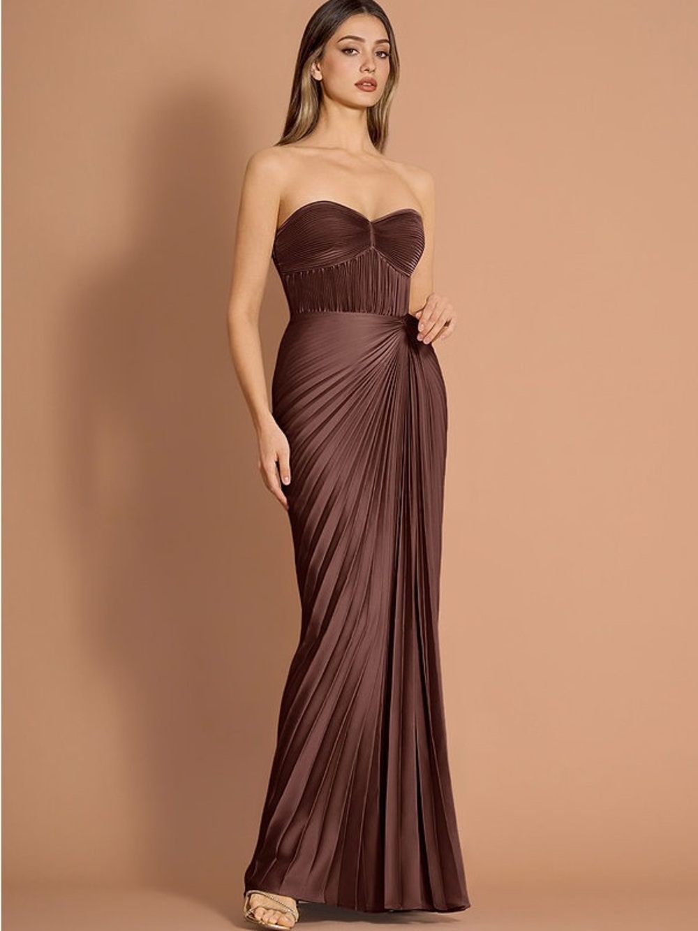 Azazie Strapless Brown Pleated Gown NWT